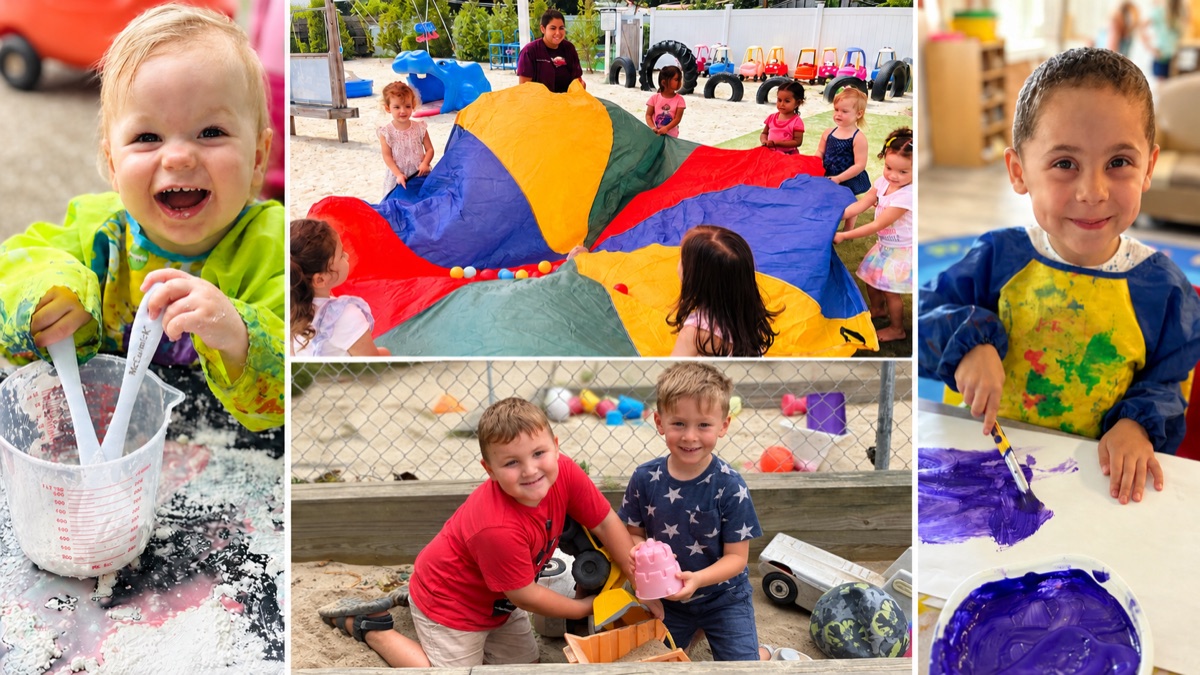 A collage of Pine Tree children exploring sensory play, parachute games, sandbox digging, and painting